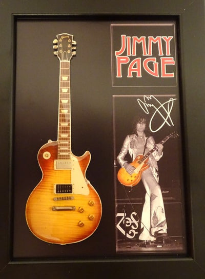 Mini-Gitarre im Stil von Jimmy Page mit Rahmen FMG-012, Möglichkeit der Personalisierung durch Gravur, ideal als Geschenk, Holzrahmen 1,3 cm x 16 cm x 21,4 cm, Mini-Gitarre aus Stahl zum Aufstellen oder Aufhängen an der Wand