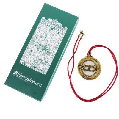 Miniatur Sonnenuhr H90 mit astronomischen Ringen, personalisierte Gravur, ideales Geschenk, bordeauxrotes Band, gefertigt aus Zinklegierung und Messing, Durchmesser 45 mm