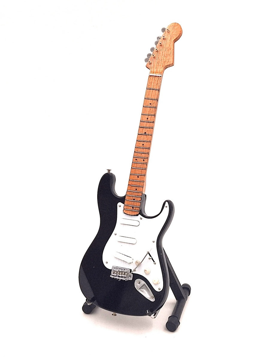 Mini-Gitarre inspiriert von Kurt Cobain mit Möglichkeit der Personalisierung durch Gravur, handgefertigt aus Mahagoniholz, schwarz/weiß, Höhe 27,5 cm