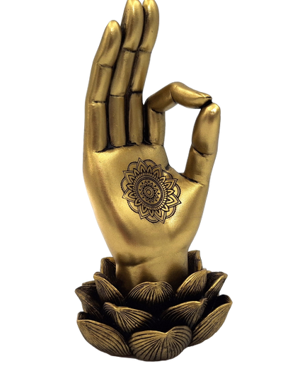 Goldene Figur Hand von Buddha Mudra OM mit Gravur - elegante Dekoration als Geschenk - Lotusblume, 21 cm, Polyresin, Glamour-Stil