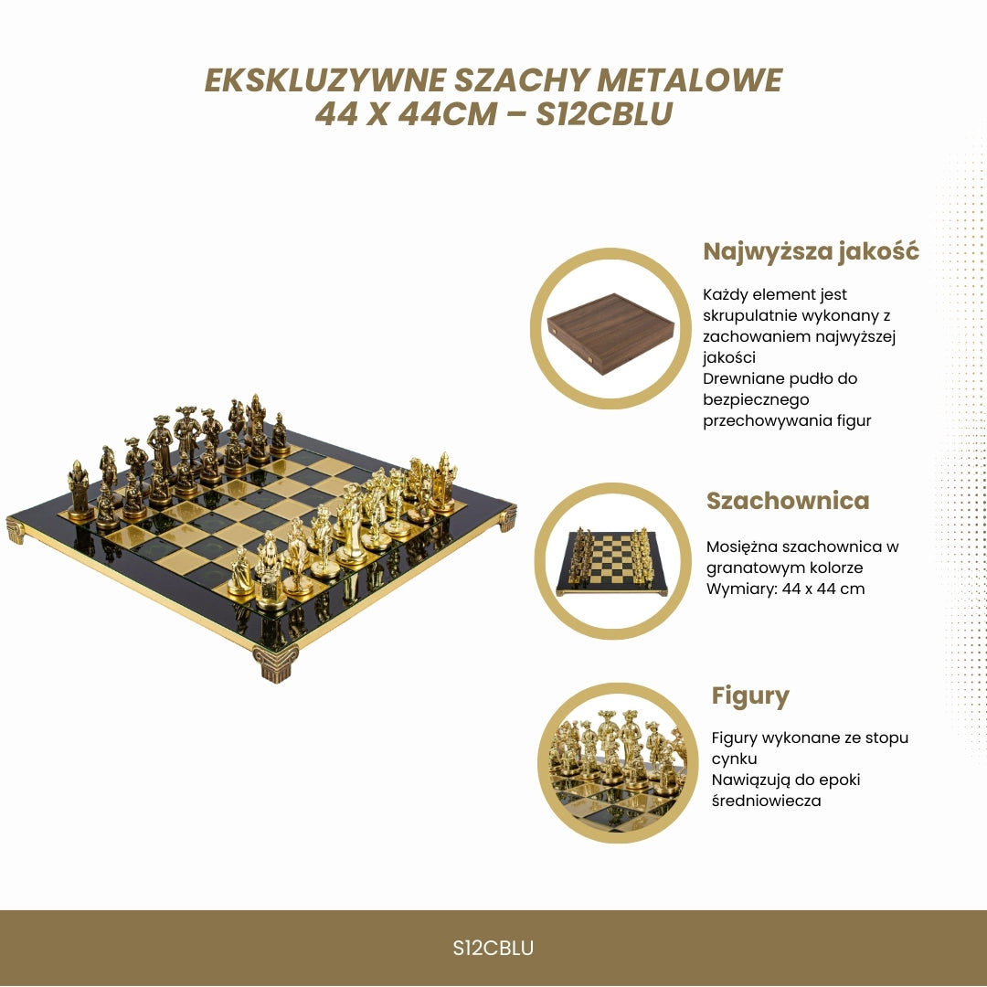 Exklusive Metall-Schachfiguren mit Messing-Schachbrett 44 x 44 cm – Mittelalterliche Figuren mit Personalisierung durch Gravur