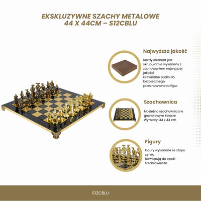 Exklusive Metall-Schachfiguren mit Messing-Schachbrett 44 x 44 cm – Mittelalterliche Figuren mit Personalisierung durch Gravur
