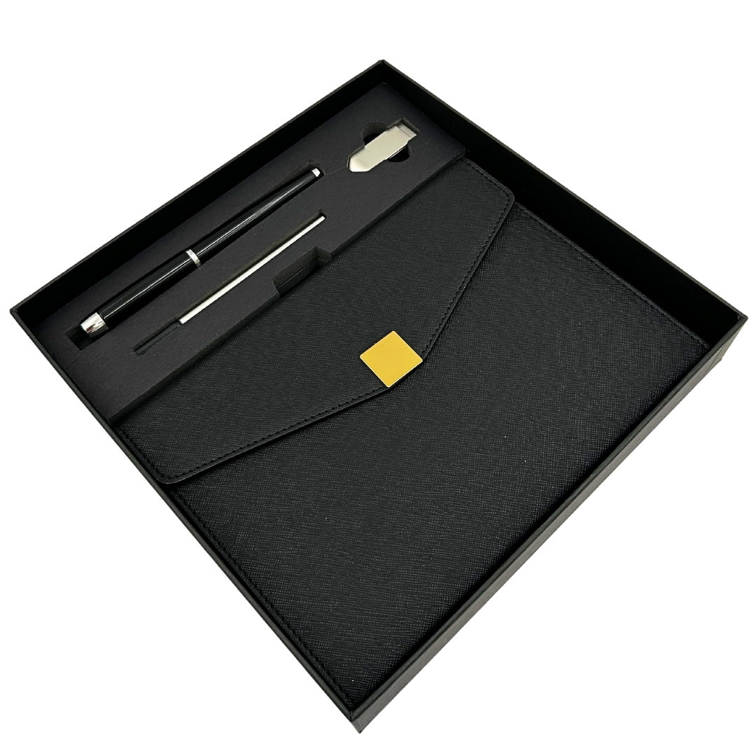 Elegantes Premium-Geschenkset mit Personalisierung – Leder-Notizbuch A5, Kugelschreiber und 16GB USB-Stick in schwarz-goldener Box