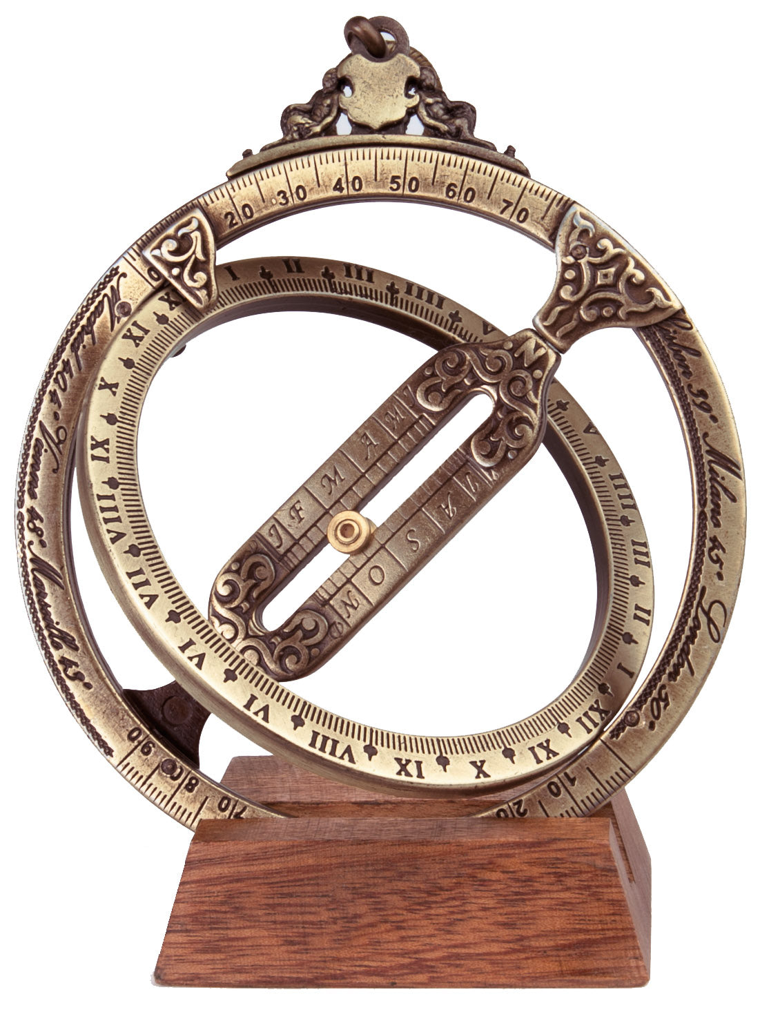 Sonnenuhr H21 mit astronomischen Ringen, personalisierte Gravur, elegantes Geschenk für den Schreibtisch, Höhe 12 cm, Messing und Zinklegierung