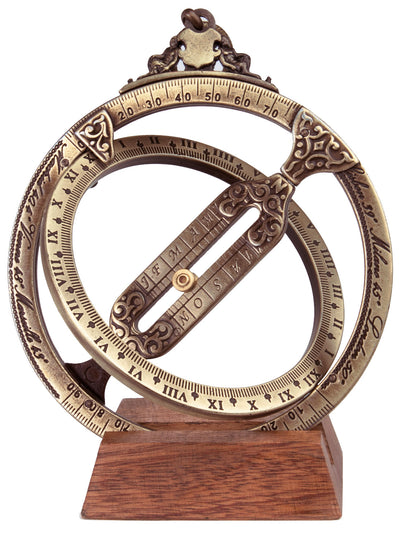 Sonnenuhr H21 mit astronomischen Ringen, personalisierte Gravur, elegantes Geschenk für den Schreibtisch, Höhe 12 cm, Messing und Zinklegierung