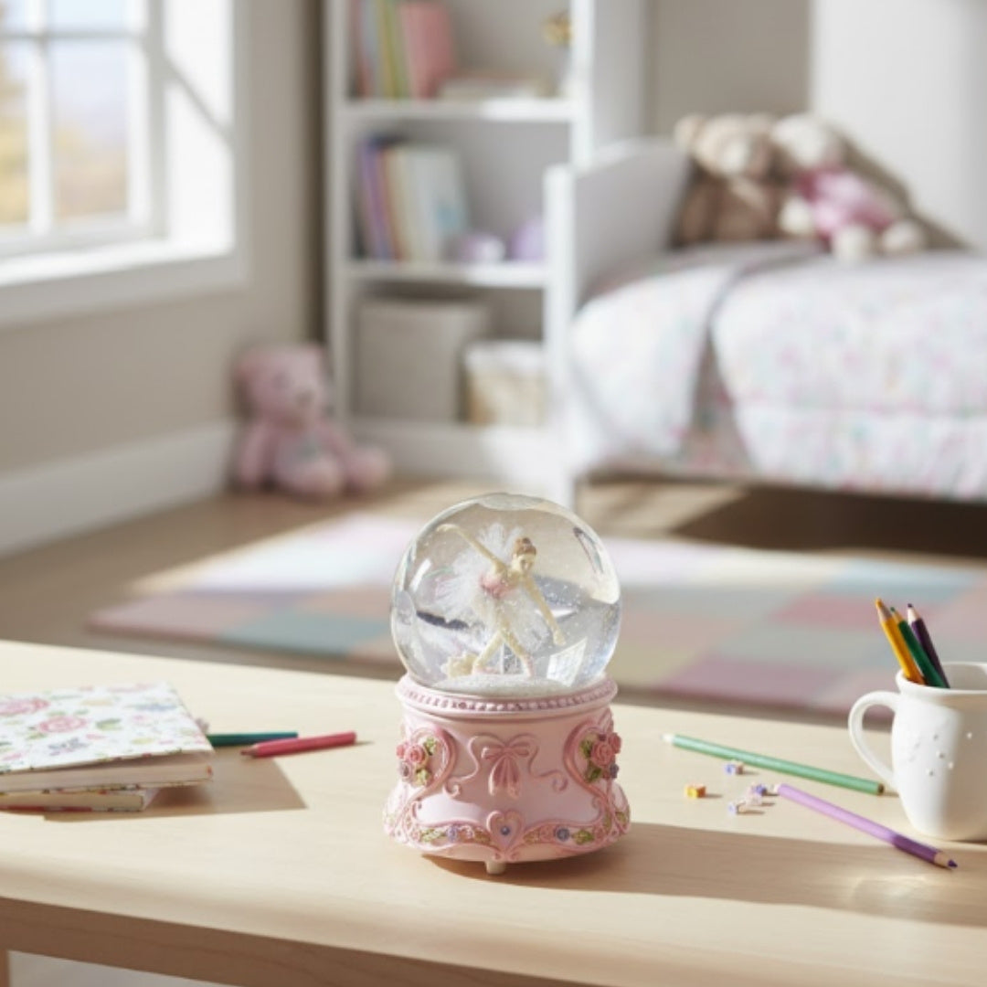 Tanzende Ballerina in einer 15 cm Glaskugel mit personalisierter Gravur – Elegante Spieluhr mit pastellfarbenem Sockel und Melodie Schwanensee