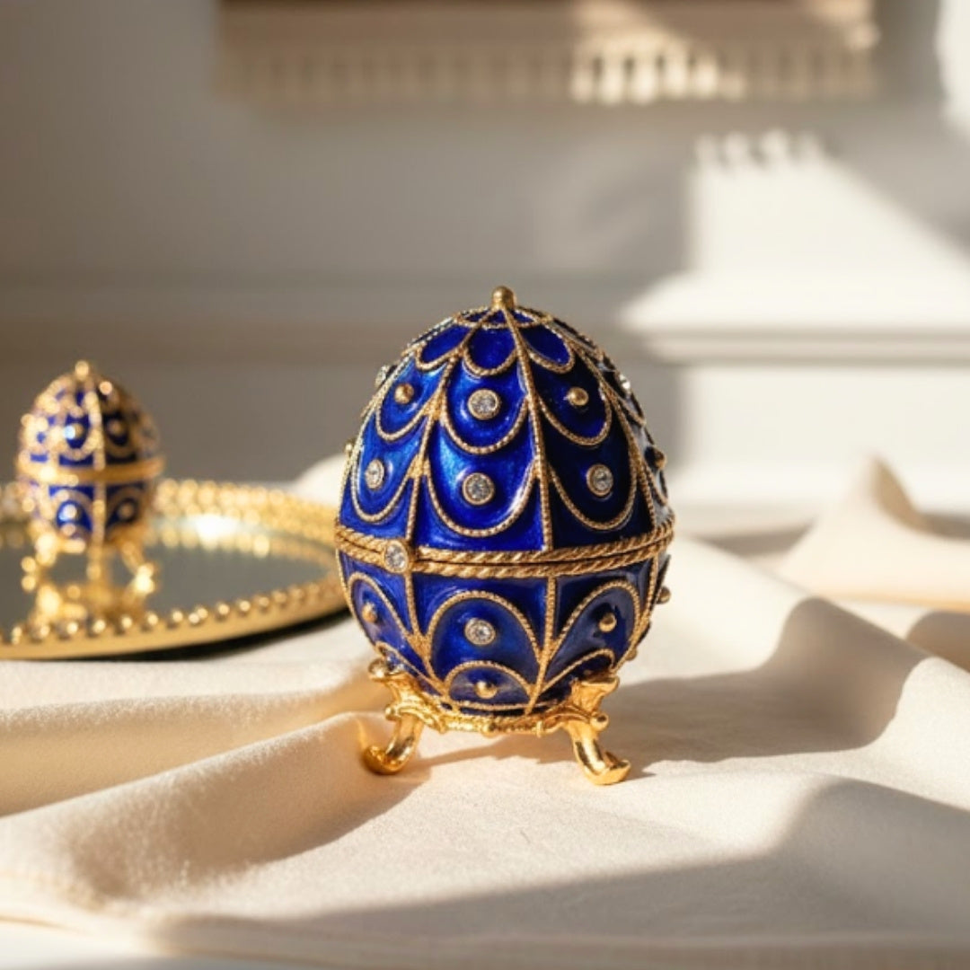 Exklusive Metall-Geschenkbox mit Kristallen in Fabergé-Ei-Form, Marineblau-Gold, 5,5x6,5 cm, personalisierbare Gravur  