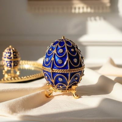 Exklusive Metall-Geschenkbox mit Kristallen in Fabergé-Ei-Form, Marineblau-Gold, 5,5x6,5 cm, personalisierbare Gravur  