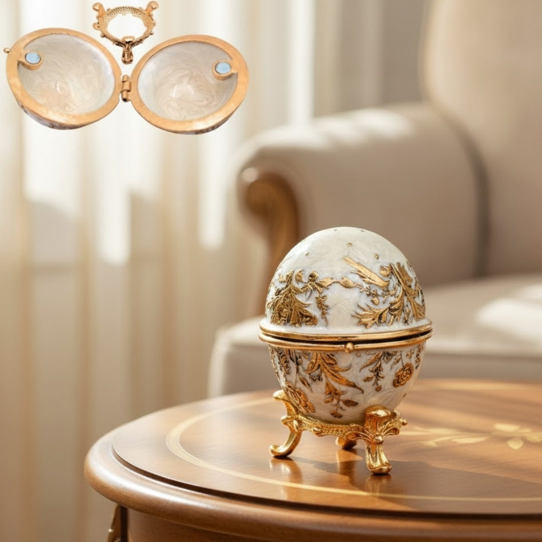 Exklusive Fabergé-Ei Schmuckschatulle aus Metall mit Kristallen in Weiß-Gold mit Gravur-Personalisierung  