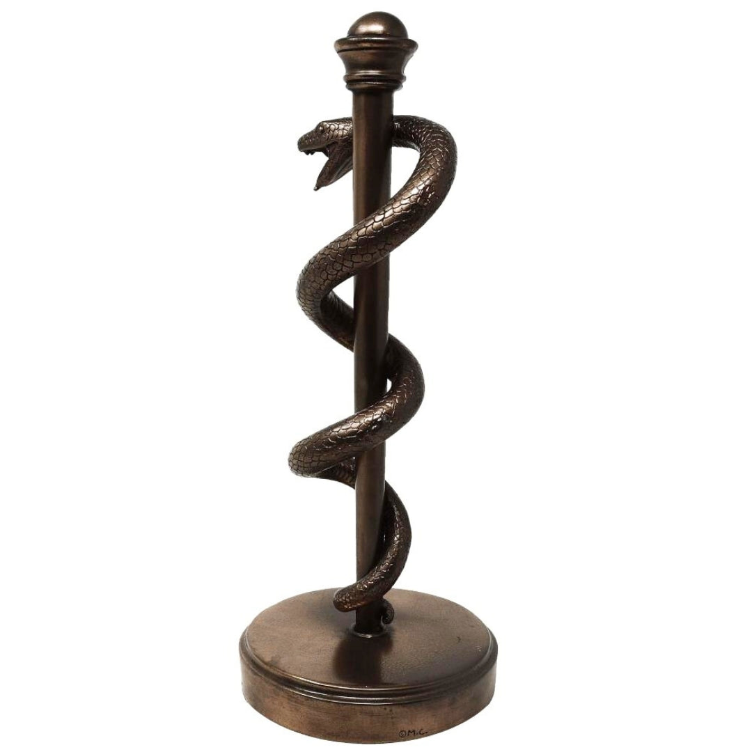 Äskulapstab-Figur 30 cm aus Harz - personalisiertes Geschenk für Ärzte, Krankenschwestern oder Apotheker - braune/ messingfarbene Dekoration mit Gravur