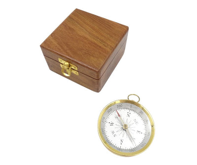 Messing-Kompass in Holzkiste mit Gravur-Personalisierung - elegantes Geschenk für Marine-Liebhaber, Durchmesser 7,5 cm, Höhe 1,5 cm
