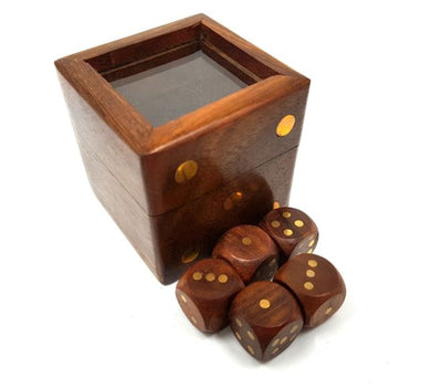Würfelspiel in eleganter Holzschachtel mit Glastop, Gravurmöglichkeit zur Personalisierung, ideales Geschenk, 5x5 cm, für Personen über 14 Jahre