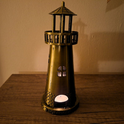 Leuchtturm-Teelichthalter 18,5 cm in antikem Gold mit Gravuroption