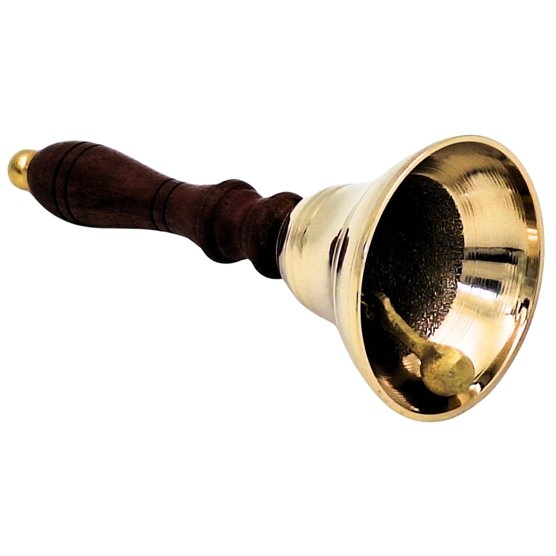 Handglocke Messing mit Holzgriff im Retro-Stil – personalisierte Gravur, ideal als Geschenk – Höhe 16 cm, Durchmesser 7,5 cm, Gold und Braun