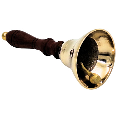 Handglocke Messing mit Holzgriff im Retro-Stil – personalisierte Gravur, ideal als Geschenk – Höhe 16 cm, Durchmesser 7,5 cm, Gold und Braun