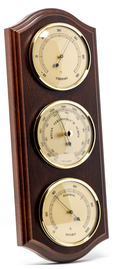 Wetterstation Fischer 9176-22 mit Barometer, Hygrometer und Thermometer in einem Messingrahmen auf Mahagonibasis mit Option zur personalisierten Gravur