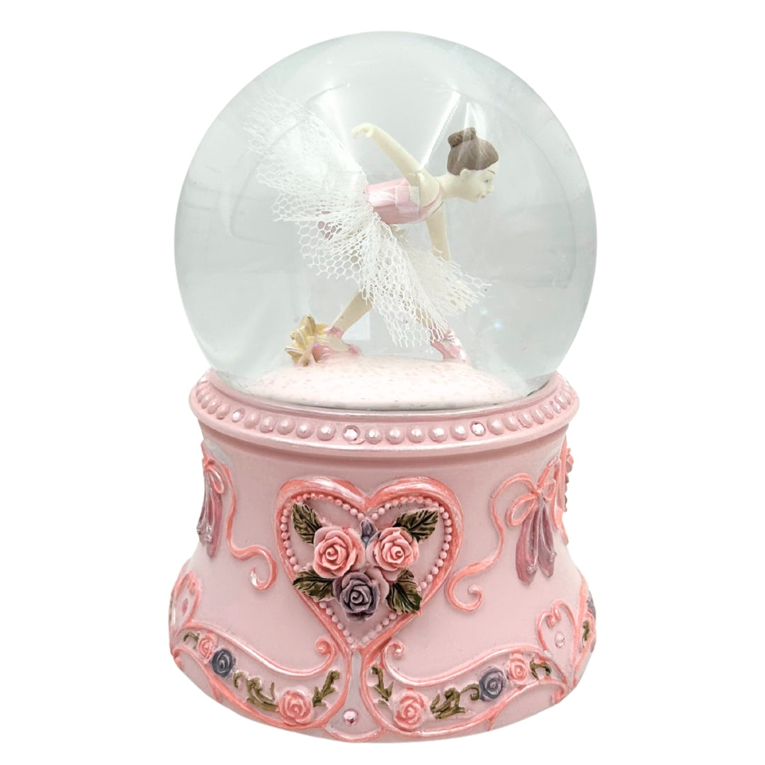 Tanzende Ballerina in einer 15 cm Glaskugel mit personalisierter Gravur – Elegante Spieluhr mit pastellfarbenem Sockel und Melodie Schwanensee