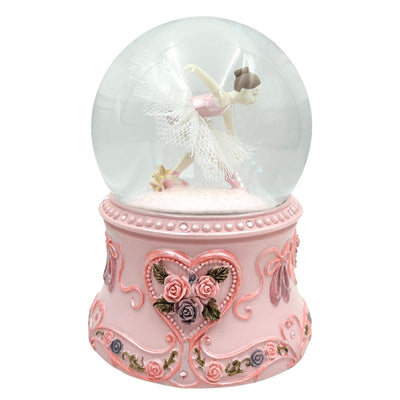 Tanzende Ballerina in einer 15 cm Glaskugel mit personalisierter Gravur – Elegante Spieluhr mit pastellfarbenem Sockel und Melodie Schwanensee