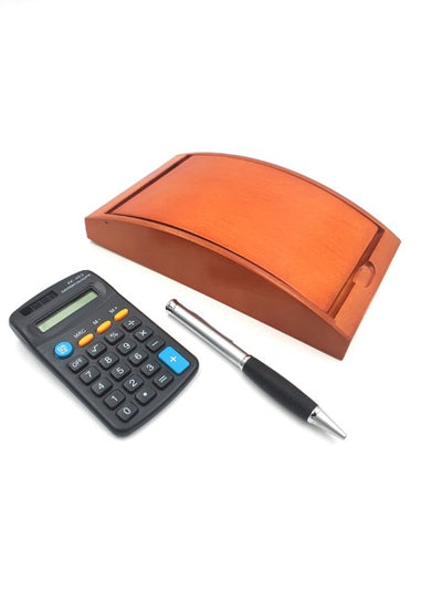 Kugelschreiber und Taschenrechner in elegantem Holzbox G133H mit cremefarbener Polsterung, personalisierbar mit Gravur, ideal als Geschenk, Maße 210 x 120 x 40 mm