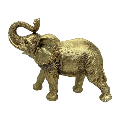 Goldener Elefant mit erhobenem Rüssel – elegante Dekofigur mit personalisierbarer Gravur, ideal als Geschenk – Höhe 20,5 cm, Material Polyresin  