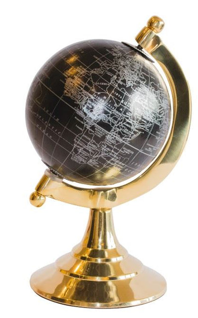 Dekorativer Globus Black & Gold mit personalisierbarer Gravur – elegantes Geschenk, Höhe 20 cm, Messingfuß, schwarze Karte mit silbernen Beschriftungen