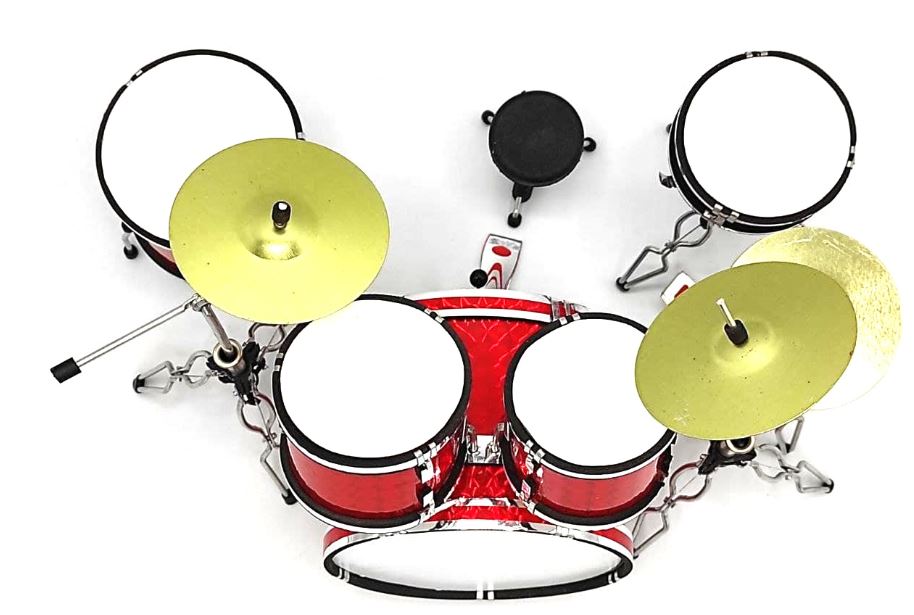 Mini-Schlagzeug rot MDR-0121 mit individueller Gravurmöglichkeit, ideal als Geschenk, Höhe 15 cm, aus Metall und Kunststoff, Maßstab 1:5  