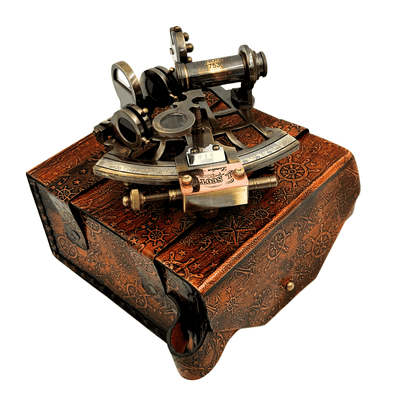 Retro-Sextant aus Messing im Lederetui - Elegantes Navigationsinstrument mit Gravurmöglichkeit - Ideales Geschenk für Liebhaber der Seefahrt und Geschichte - Maße 13x12x7 cm