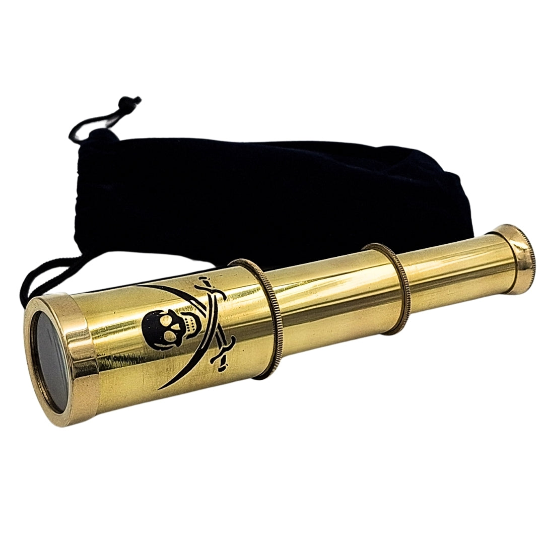 Piratenteleskop mit Emblem – klappbares Messingteleskop mit Gravur – perfektes Geschenk für junge Meeresentdecker – Höhe 15 cm, Set mit Samtbeutel