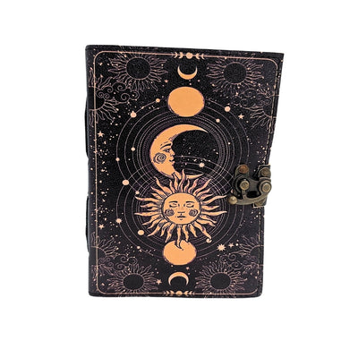 Dekoratives Leder-Notizbuch Sonne und Mond 200 Seiten mit Personalisierung durch Gravur, marineblau, aus Ziegenleder, ideal als Geschenk