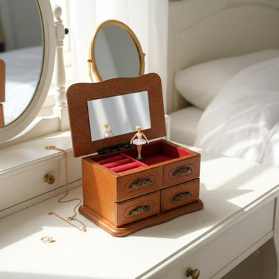 Musik-Schmuckkästchen aus Holz mit Spiegel und Gravur - elegantes Geschenk für Schmuck mit zwei Schubladen, Höhe 10cm, Melodie „The Entertainer“