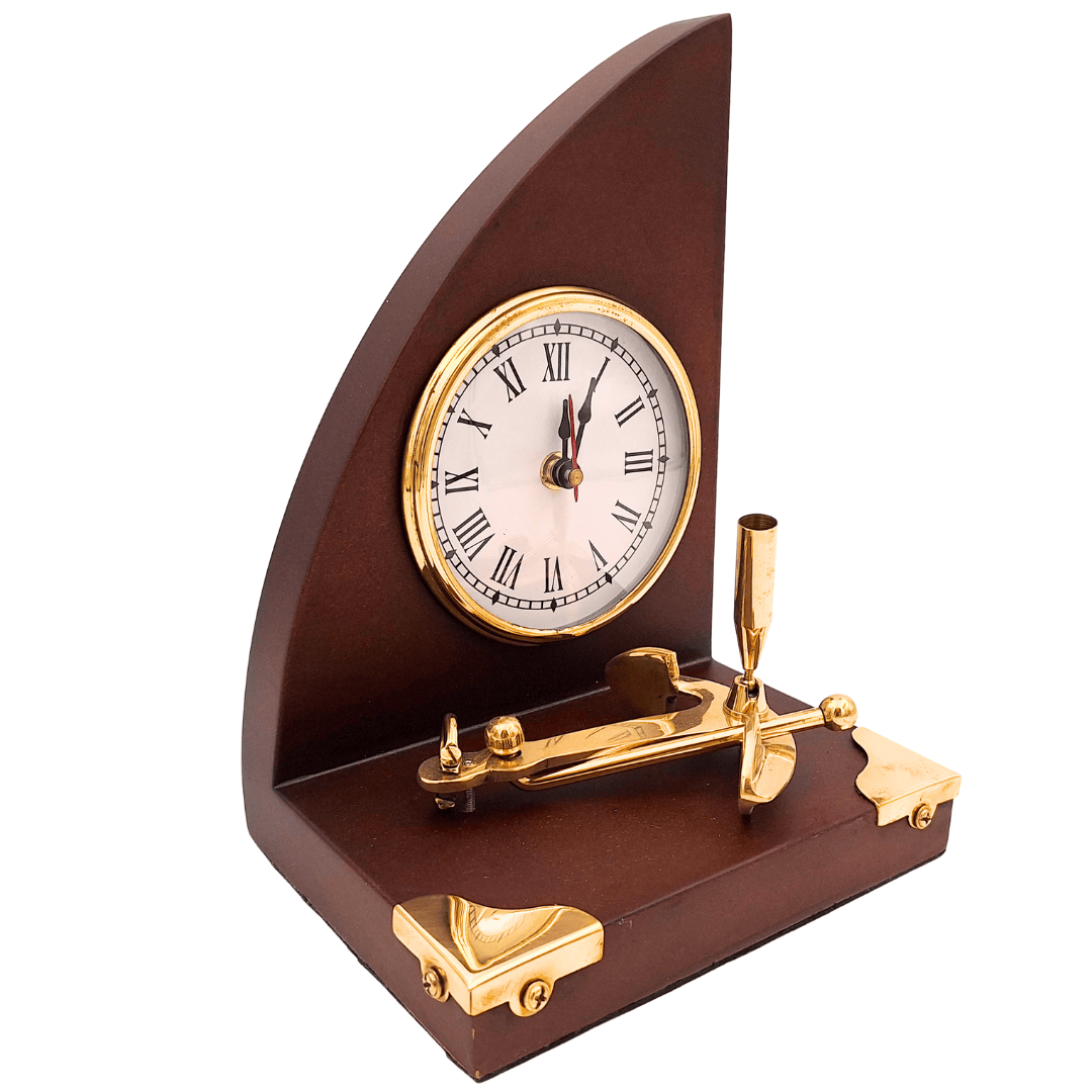 Elegantes maritimes Schreibtischset mit Uhr und Stifthalter aus Messing und lackiertem Holz – Gravur-Personalisierung – Perfektes Geschenk für den Chef oder Liebhaber des Vintage-Stils – Maße 16 x 12,5 x 23 cm  