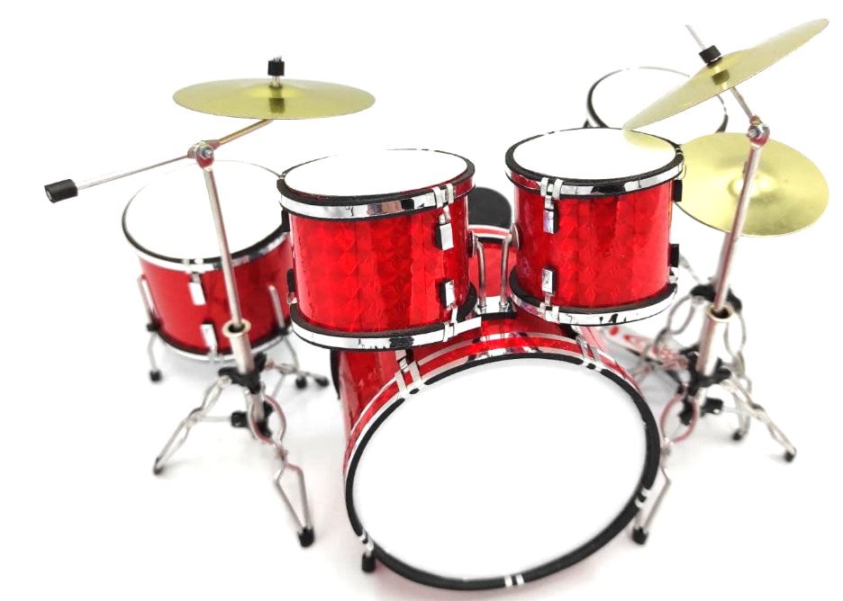 Mini-Schlagzeug rot MDR-0121 mit individueller Gravurmöglichkeit, ideal als Geschenk, Höhe 15 cm, aus Metall und Kunststoff, Maßstab 1:5  