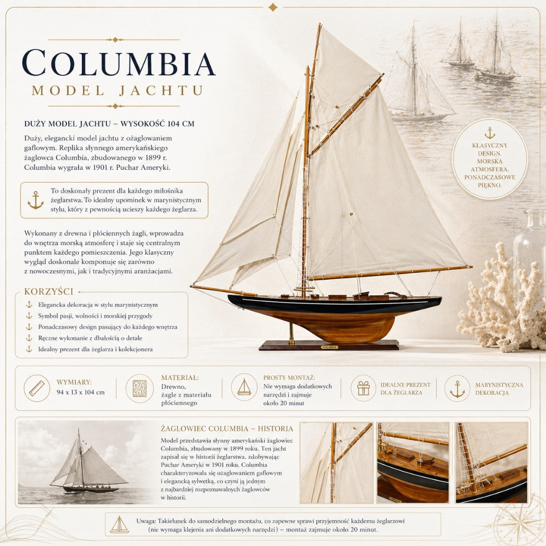 Modell der Yacht Columbia mit Gaffelsegel, Höhe 104 cm, aus Holz, mit Personalisierung durch Gravur