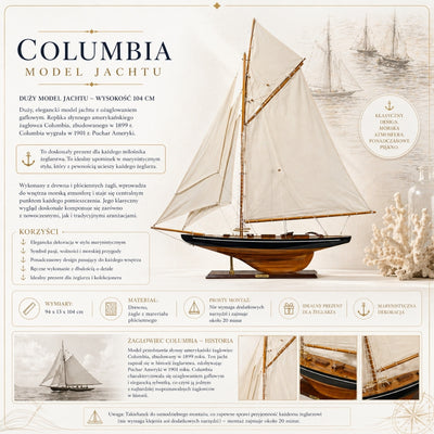 Modell der Yacht Columbia mit Gaffelsegel, Höhe 104 cm, aus Holz, mit Personalisierung durch Gravur