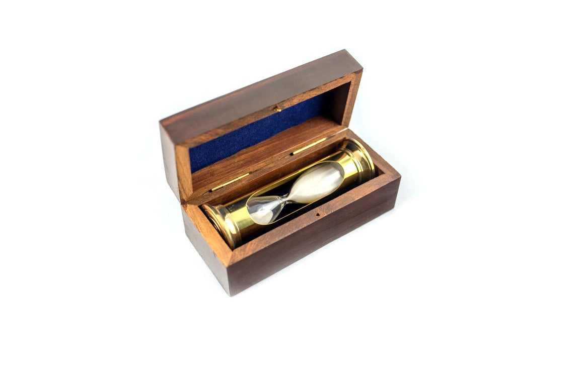 Sanduhr ROUND STP99 in einer Holzkiste mit personalisierbarer Gravur, messingfarben, goldglänzend, 3 Minuten, perfektes Geschenk für RPG-Fans und Guinness-Rekordhalter
