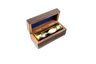 Sanduhr ROUND STP99 in einer Holzkiste mit personalisierbarer Gravur, messingfarben, goldglänzend, 3 Minuten, perfektes Geschenk für RPG-Fans und Guinness-Rekordhalter