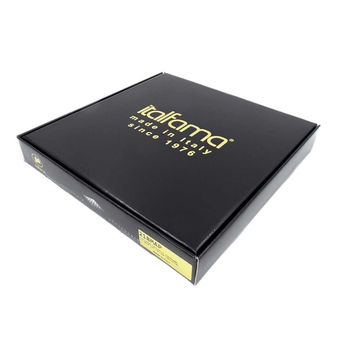 Exklusive Metall-Schachfiguren Italfama 28x28 cm mit personalisierbarer Gravur, braun-schachbrettmuster, Figuren gold-silbrig