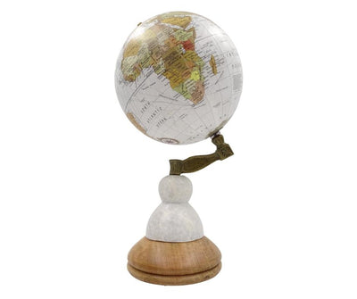 Dekorativer Globus Voyager auf Marmor-Holz-Sockel mit Gravur-Personalisierung – Elegantes Geschenk für Reisebegeisterte, Höhe 32 cm, Durchmesser 15,5 cm, Weiße Karte mit bunten Kontinenten