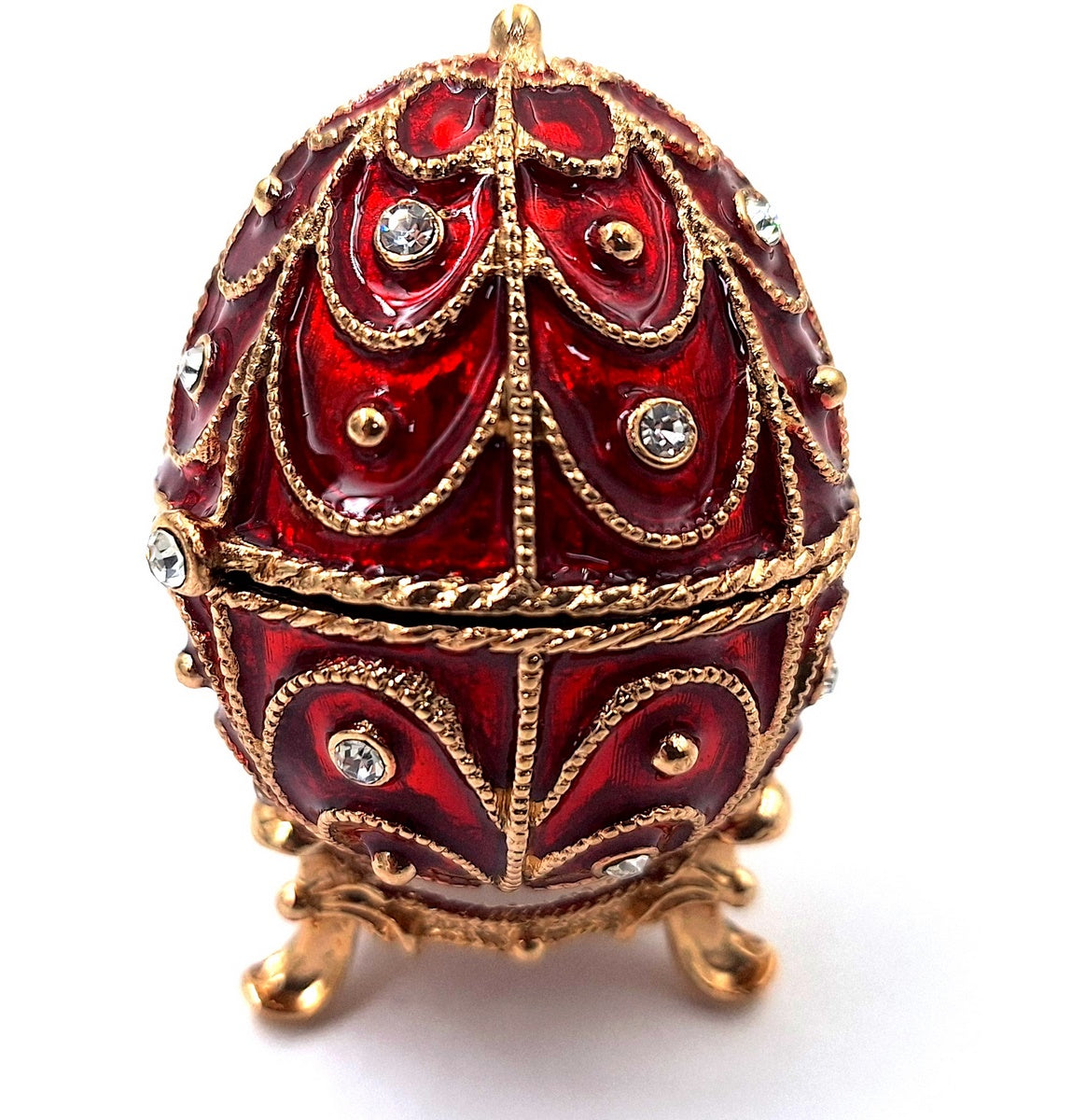 Exklusive Metall-Geschenkbox Fabergé mit Kristallen in Rot-Gold, personalisierbare Gravur, ideales Geschenk, Maße 5,5x6,5 cm  