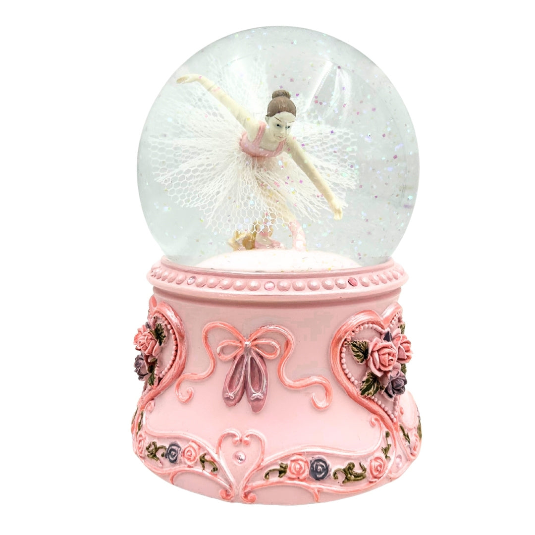 Tanzende Ballerina in einer 15 cm Glaskugel mit personalisierter Gravur – Elegante Spieluhr mit pastellfarbenem Sockel und Melodie Schwanensee