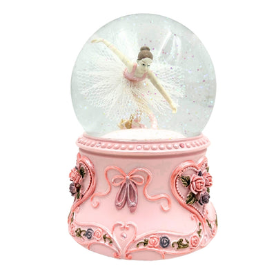 Tanzende Ballerina in einer 15 cm Glaskugel mit personalisierter Gravur – Elegante Spieluhr mit pastellfarbenem Sockel und Melodie Schwanensee