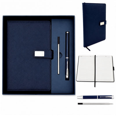 Elegantes dunkelblaues Leder-Notizbuch A5 mit Kugelschreiber und personalisierter Gravur in Geschenkbox