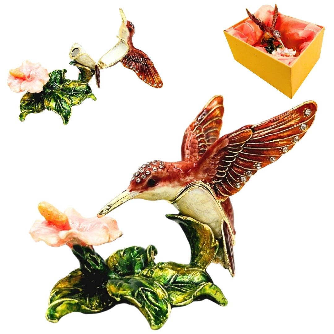 Exklusive Schmuckschatulle Kolibri mit Kristallen, personalisierte Gravur, Metall, 8x5,5x7 cm