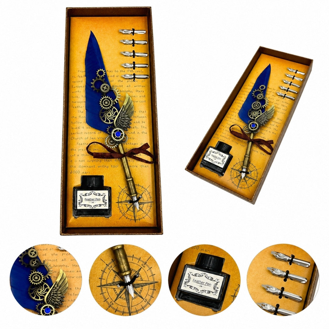 Retro-Kalligrafie-Set mit blauem Gänsefeder-Füllfederhalter, 6 Federn, Tinte, Gravur-Personalisierung, elegantes Vintage-Geschenk