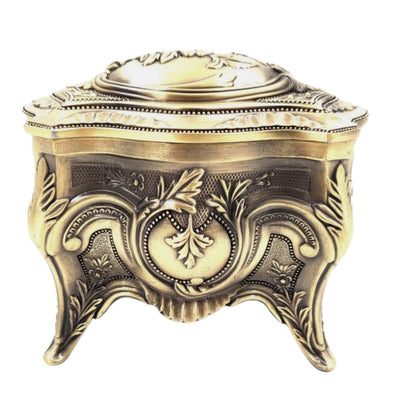 Goldene Retro-Metall-Schmuckschatulle mit personalisierbarer Gravur – elegant und reich verziert, ideal als Geschenk – Maße: 10,8 x 7,7 x 9,2 cm, massiv und eindrucksvoll, perfekt zur Aufbewahrung wertvoller Gegenstände