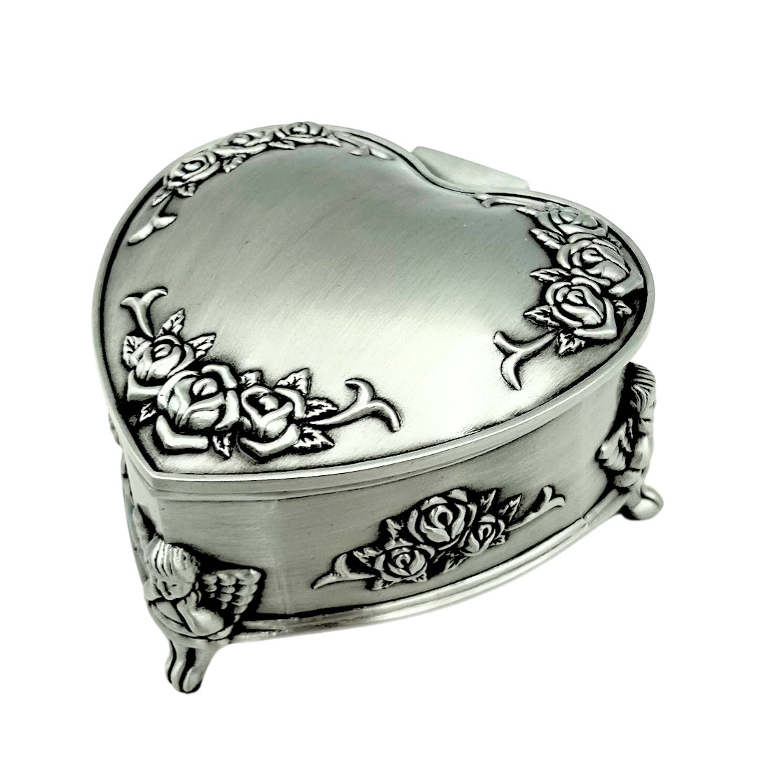 Metall-Schmuckschatulle in Herzform mit personalisierbarer Gravur – elegantes Geschenk zu Valentinstag, Jubiläum oder Geburtstag, verziert mit Rosenmotiv, Maße 8,7 x 8,4 x 5,1 cm