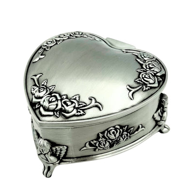 Metall-Schmuckschatulle in Herzform mit personalisierbarer Gravur – elegantes Geschenk zu Valentinstag, Jubiläum oder Geburtstag, verziert mit Rosenmotiv, Maße 8,7 x 8,4 x 5,1 cm