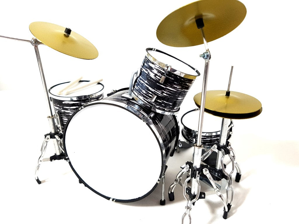Mini-Schlagzeug schwarz-weiß MDR-0015 1:5 mit personalisierbarer Gravur – perfektes Geschenk für Musikliebhaber, aus Metall und Kunststoff, Höhe 15 cm, Breite 20 cm, Tiefe 20 cm, zum Selbstgestalten