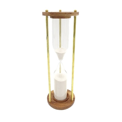 Sanduhr aus Messing und Holz 30min mit Möglichkeit zur Personalisierung durch Gravur - elegantes Geschenk für jeden Anlass, Höhe 30,5cm, weißer Sand, klassische Materialien