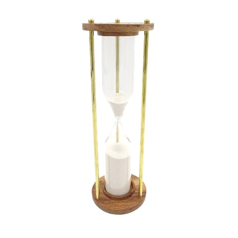 Sanduhr aus Messing und Holz 30min mit Möglichkeit zur Personalisierung durch Gravur - elegantes Geschenk für jeden Anlass, Höhe 30,5cm, weißer Sand, klassische Materialien